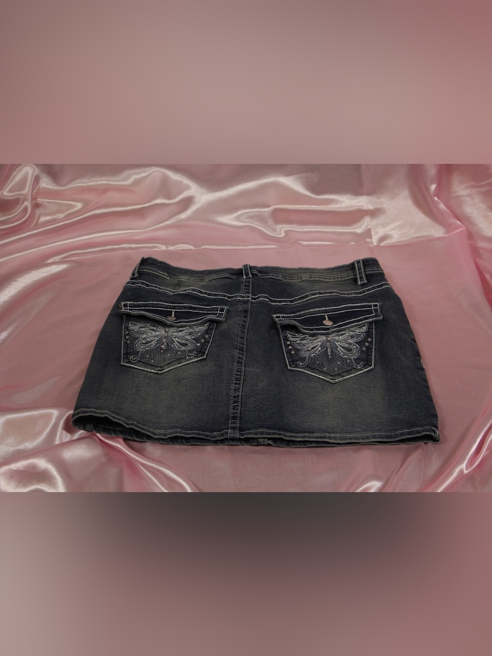 Embellished Dark Wash Denim Mini Skirt with Butterfly Pockets